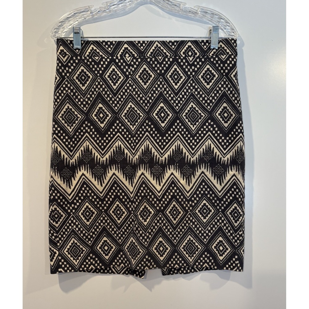 J.Crew The Pencil Skirt Black Ivory Geometric Ikat Diamond Cotton B8203 Size 6
